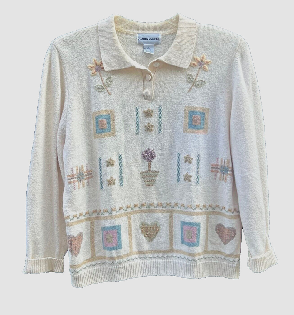 Alfred Dunner Vintage Sweater Womens Large Cream Embroidered Flowers Grandmacore